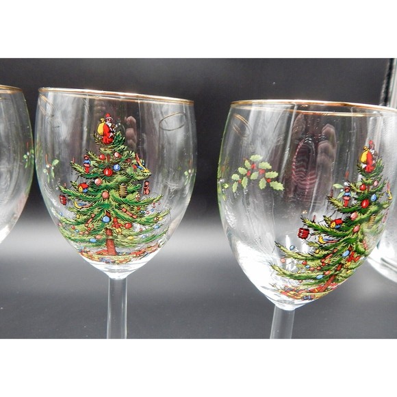 Spode Christmas Tree Wine Water Glasses Goblets Gold Trim 7-1/2 Inch Set of 4 - Picture 7 of 13